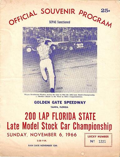 1966 Governor's Cup program cover with photo of Wayne Reutimann beating Bobby Allison at the line in.jpg