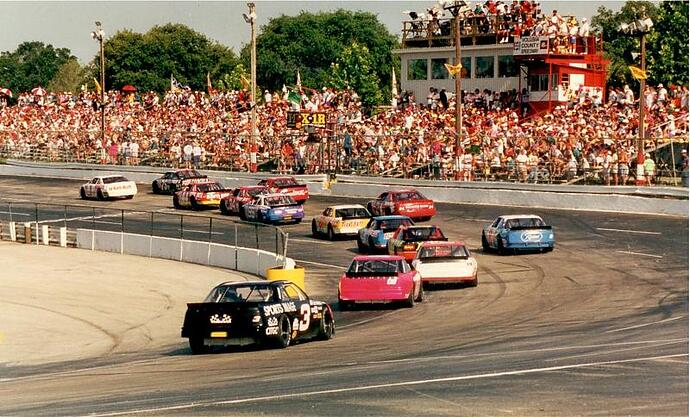 July 1992 NASCAR Busch GN race - Jeff Gordon leads in the #1 Baby Ruth Ford (Don Bok Photo).jpg